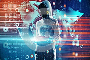 Hacker holding laptop and glowing world map with glowing programming interface