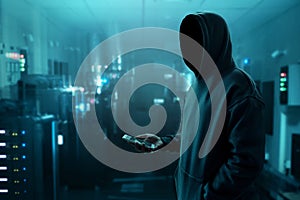 Hacker holding mobile phone in server room