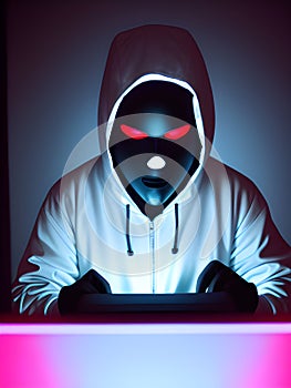 a hacker with a hood in the dark of a room, Ai Generated