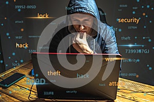 Hacker in a hood with a phone is typing on a laptop keyboard in a dark room. Cybercrime fraud and identity theft