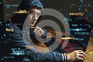 Hacker in a hood with a phone is typing on a laptop keyboard in a dark room. Cybercrime fraud and identity theft