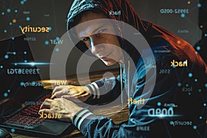 Hacker in a hood with a phone is typing on a laptop keyboard in a dark room. Cybercrime fraud and identity theft
