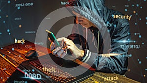 Hacker in a hood with a phone is typing on a laptop keyboard in a dark room. Cybercrime fraud and identity theft