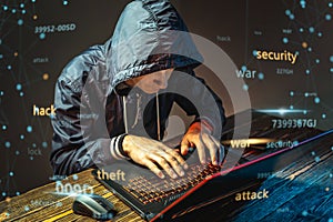 Hacker in a hood with a phone is typing on a laptop keyboard in a dark room. Cybercrime fraud and identity theft