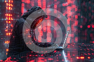 Hacker in a hood using a laptop, coding and data on a code background. Digital symbols and abstract technology concept