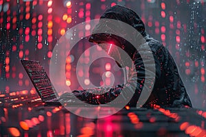 Hacker in a hood using a laptop, coding and data on a code background. Digital symbols and abstract technology concept