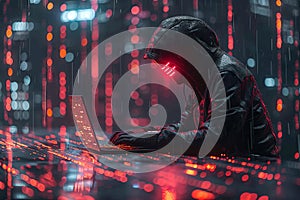 Hacker in a hood using a laptop, coding and data on a code background. Digital symbols and abstract technology concept
