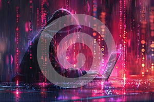 Hacker in a hood using a laptop, coding and data on a code background. Digital symbols and abstract technology concept