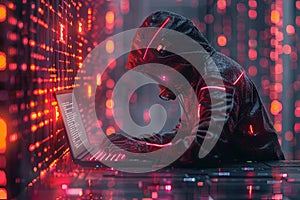 Hacker in a hood using a laptop, coding and data on a code background. Digital symbols and abstract technology concept