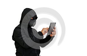 Hacker in hooded using tablet to hacking data isolated over white background