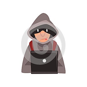 Hacker in Hoodie and Black Mask Stealing Information From Laptop, Internet Crime, Computer Security Technology Cartoon