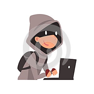 Hacker in Hoodie and Black Mask Stealing Information Using Laptop, Internet Crime, Computer Security Technology Cartoon