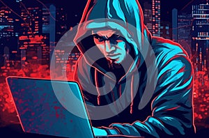 Hacker in hoodie breaking into data server dark theme