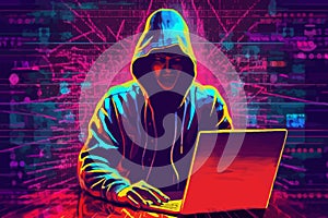 Hacker in hoodie breaking into data server dark theme