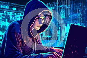 Hacker in hoodie breaking into data server dark theme