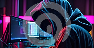 Hacker in a hoodie, computer data crime online cyber software privacy password