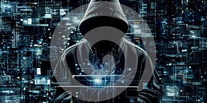 Hacker in hoodie dark theme cybersecurity vulnerability. Generative Ai