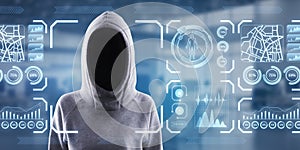 Hacker in hoodie with glowing face recognition hologram on blurry office interior background. Scanning, hacking and personal