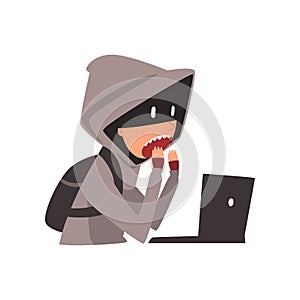 Hacker in Hoodie and Mask Trying to Cyber Attack Using Laptop, Internet Crime, Computer Security Technology Cartoon