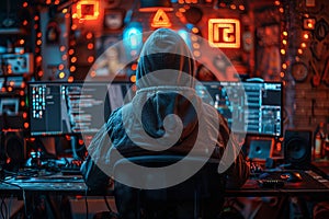 A hacker in a hoodie sitting at a desk with computer monitors and network cables, surrounded by a dark room. Generative