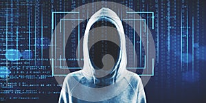 Hacker in hoodie standing on abstract binary code background with face recognition interface. Hacking, ID and innovation concept.