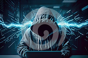 hacker in hoodie is typing code to bring down network with lightning speed
