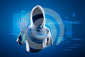 Hacker in hoodie using abstract blue coding and tech information hologram interface. Database, hacking, cloud computing and