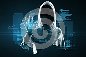 Hacker in hoodie using abstract blue coding and tech information hologram interface. Database, malware, cloud computing and