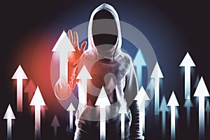 Hacker in hoodie using abstract digital arrow interface