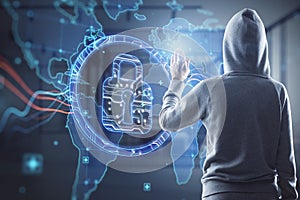 Hacker in hoodie using abstract digital padlock and map hologram on blurry office interior background. Hacking, security and