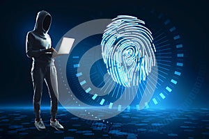 Hacker in hoodie using laptop with abstract glowing fingerprint hologram on blurry blue background. Personal security and data