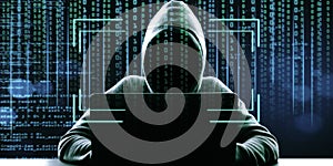Hacker in hoodie using laptop at desktop on abstract binary code background with face recognition interface. Hacking, ID and