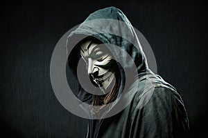 Hacker in hoodie and vendetta mask cyber war concept.