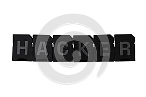 Hacker inscription on flash drives or card readers isolate on white background. Conceptual illustration on the topic of data
