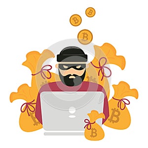 Hacker, laptop and bitcoin cryptocurrency robbery