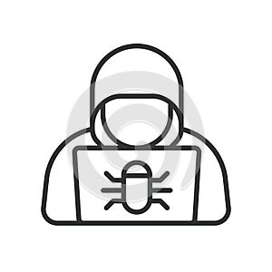 Hacker laptop icon in line design. hacker, laptop, bug, cyber, attack, malware, security on white background vector. Hacker laptop