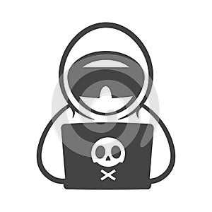 Hacker with a laptop vector solid black icon. A symbol of Cybercrime. Password hacking and identity theft, software