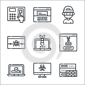 Hacker line icons. linear set. quality vector line set such as firewall, virus, antivirus, malware, hacker, alert, hacker