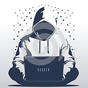 Hacker logo. Computer hacker with laptop, A guy in a hoodie sits on the floor in front of a laptop