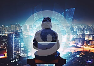 Hacker man with anonymous mask using laptop to hacking in the top building AI Generative photo