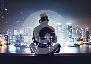 Hacker man with anonymous mask using laptop to hacking in the top building AI Generative photo
