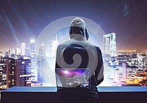 Hacker man with anonymous mask using laptop to hacking in the top building AI Generative photo