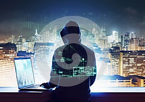 Hacker man with anonymous mask using laptop to hacking in the top building AI Generative photo