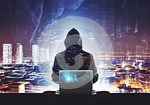Hacker man with anonymous mask using laptop to hacking in the top building AI Generative photo
