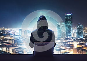 Hacker man with anonymous mask using laptop to hacking in the top building AI Generative photo