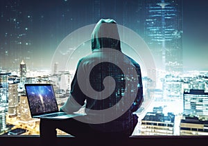 Hacker man with anonymous mask using laptop to hacking in the top building AI Generative photo