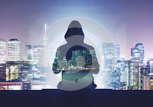 Hacker man with anonymous mask using laptop to hacking in the top building AI Generative photo