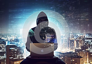 Hacker man with anonymous mask using laptop to hacking in the top building AI Generative photo
