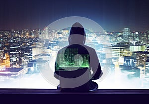 Hacker man with anonymous mask using laptop to hacking in the top building AI Generative photo