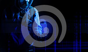 hacker man terrorist with virus computer attack to server network system online in data internet security hacking